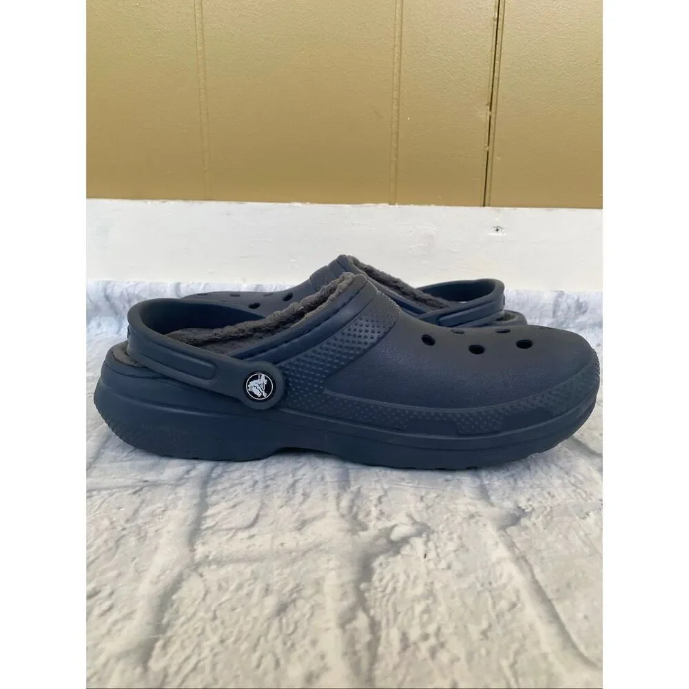Crocs men 8 women 10 classic slip on clog w/heel strap & sherpa lining nvy blue